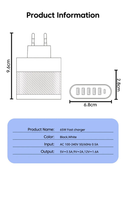 Cargador Pared USB 5 Puertos 3.1A Adaptador Carga PD QC 3.0 para Xiaomi/iPhone 13/Samsung