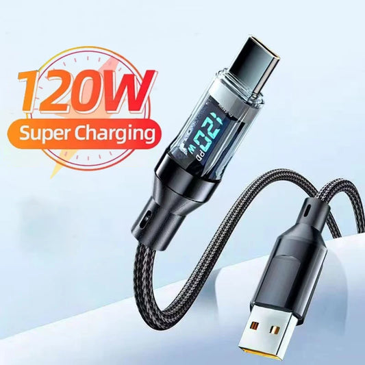 Cable USB Tipo C Carga Rápida 120W con Pantalla LED y Datos para Xiaomi/Redmi/Samsung/Huawei/Honor/OPPO (1m/2m)