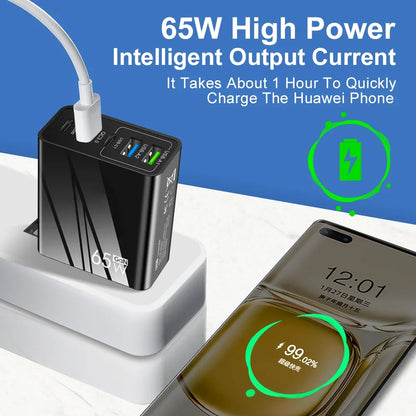 Cargador Pared Rápido 65W (PD + 3 USB-A 3.1A) Adaptador Viaje Multi-Interfaz Enchufe EU/US para Samsung/Xiaomi/iPhone