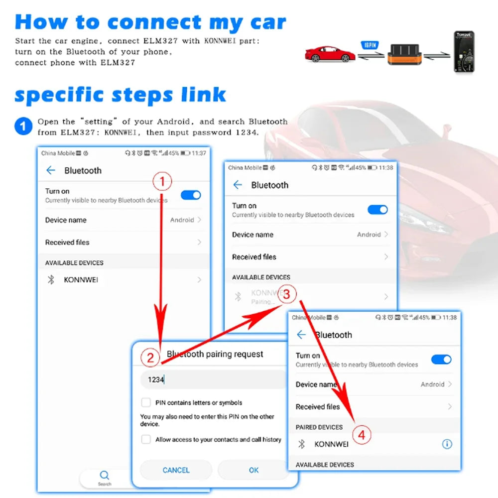 KONNWEI KW901 Bluetooth 5.0 Code Reader ELM327 V1.5 OBD OBD2 Car Diagnostic Tool ELM 327 V1 5 for Android/IOS pk Vgate iCar2