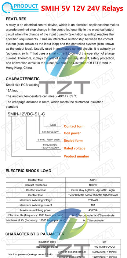 Relé Potencia SMIH 6/8-Pin 16A 250V - Bobina (5V/12V/24V DC) Contacto SL-A/SL-C - Lote 1 Pieza