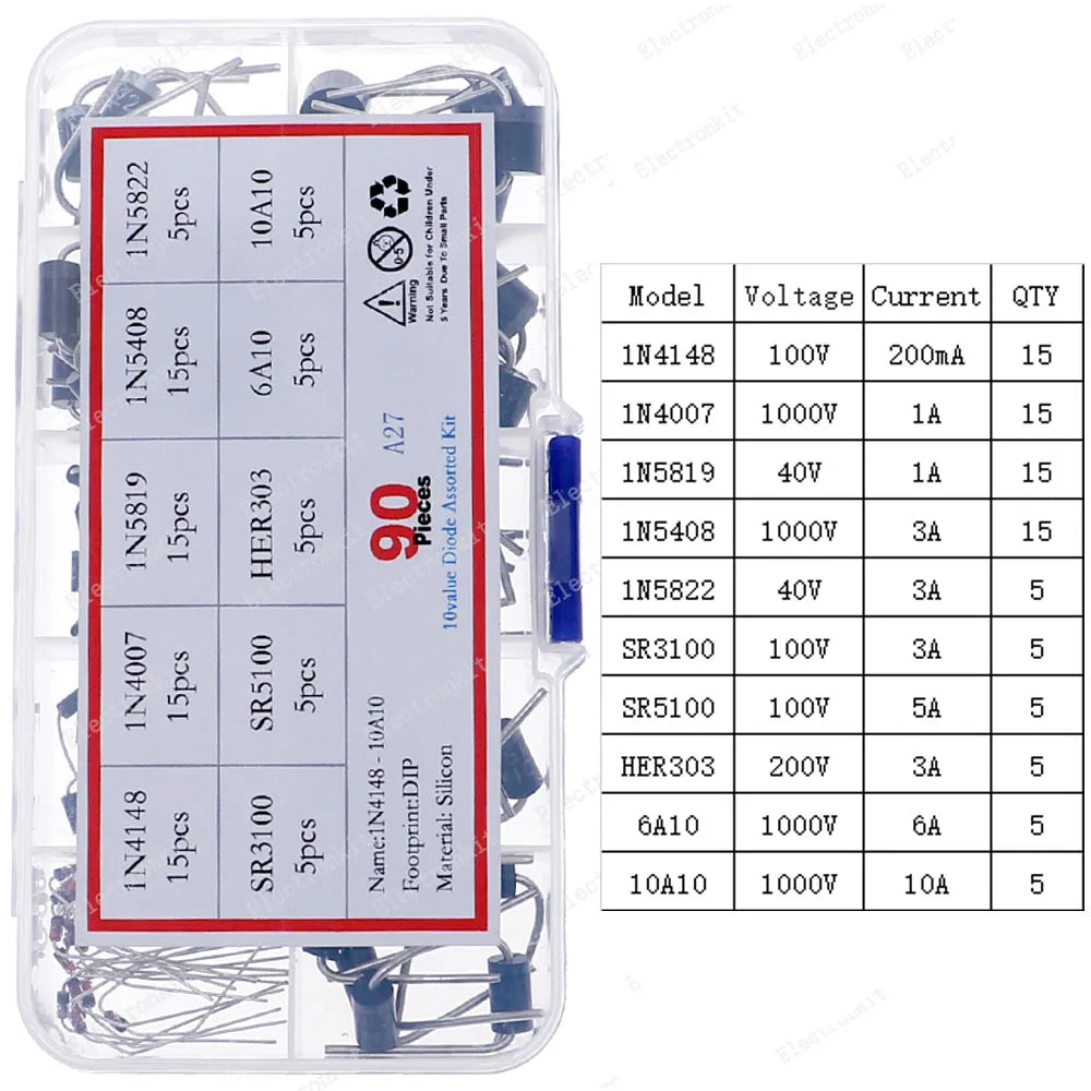 Kit Surtido Diodos (Rectificador/Zener/Schottky Rápido/Switching) DIP/SMD (1N4148, 1N4007, 1N5819, FR107, etc.)