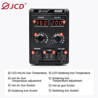 JCD 8586D Soldering Station 2 IN 1 750W Hot Air Gun LCD Dual Digital Display Electric Soldering Iron SMD Welding Rework Station