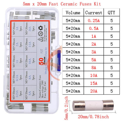 12V-250V Slow Fast Glass Fuse With Lead Wire Mix kit 0.1A 0.25A 0.5A 1A 2A 2.5A 3A 3.15A 4A 5A 6A 6.3A 8A 10A 15A 16A 20A 30A