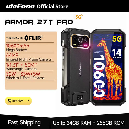 Celular Rugged Ulefone Armor 27T Pro 5G con Cámara Térmica FLIR® - 10600mAh, Android 14, 24GB/256GB, NFC