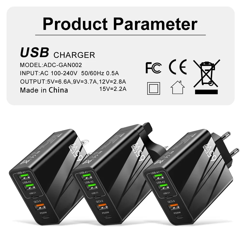Cargador Pared Rápido 65W (PD + 3 USB-A 3.1A) Adaptador Viaje Multi-Interfaz Enchufe EU/US para Samsung/Xiaomi/iPhone