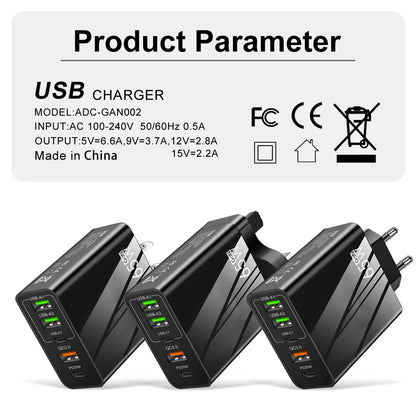 Cargador Pared Rápido 65W (PD + 3 USB-A 3.1A) Adaptador Viaje Multi-Interfaz Enchufe EU/US para Samsung/Xiaomi/iPhone