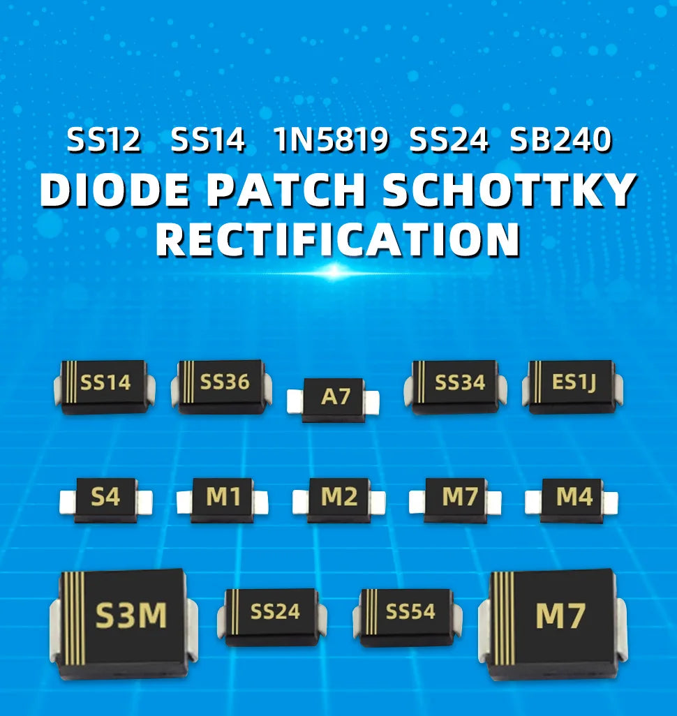 Diodo Schottky SMD (SS12/SS14/SS24/SS26/SS34/SS36/SS54/SS110/SS2200, SMA) (20 Unidades)