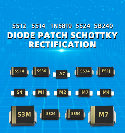 Diodo Schottky SMD (SS12/SS14/SS24/SS26/SS34/SS36/SS54/SS110/SS2200, SMA) (20 Unidades)