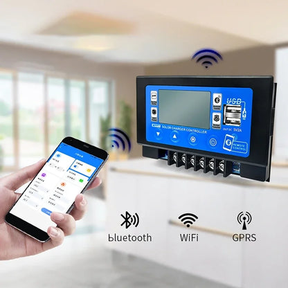 Controlador Carga Solar MPPT 30A/60A 12V/24V LCD Display Bluetooth/WiFi Snap-On Almacenamiento Energía