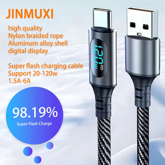 Cable Datos USB Tipo C JINMUXI Carga Rápida 120W con Pantalla LED Digital para Samsung/Xiaomi/POCO/Redmi/Huawei