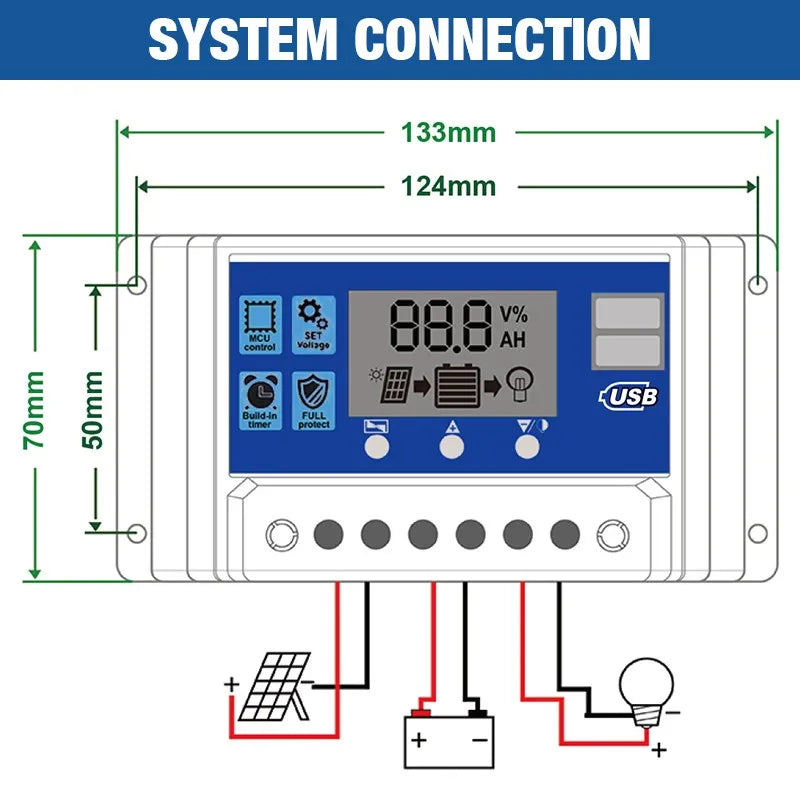 Controlador Carga Solar PWM 10A 12V/24V Control Luz/Tiempo Auto Dual USB LCD
