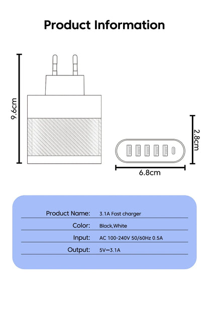 Cargador Pared USB 5 Puertos 3.1A Adaptador Carga PD QC 3.0 para Xiaomi/iPhone 13/Samsung