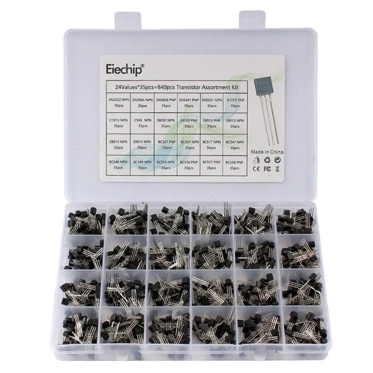 Kit Surtido Transistores TO-92 NPN/PNP (BC547/327/337, 2N2222/3904/3906, C945) en Caja - 200-900 Piezas