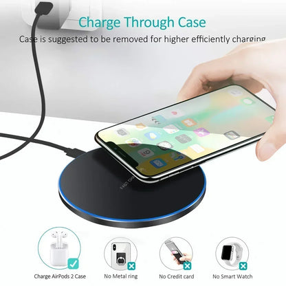 Cargador Inalámbrico Rápido Inducción para iPhone X/XR/XS Max/Mini / 12/13/15/16 Pro / Samsung S8-S10/S21/S22/Note (2025)