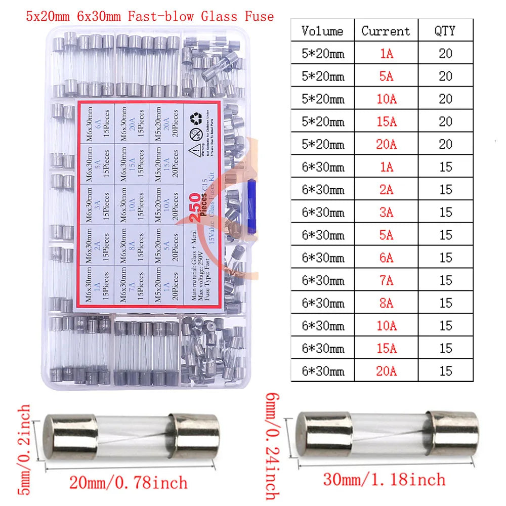 12V-250V Slow Fast Glass Fuse With Lead Wire Mix kit 0.1A 0.25A 0.5A 1A 2A 2.5A 3A 3.15A 4A 5A 6A 6.3A 8A 10A 15A 16A 20A 30A