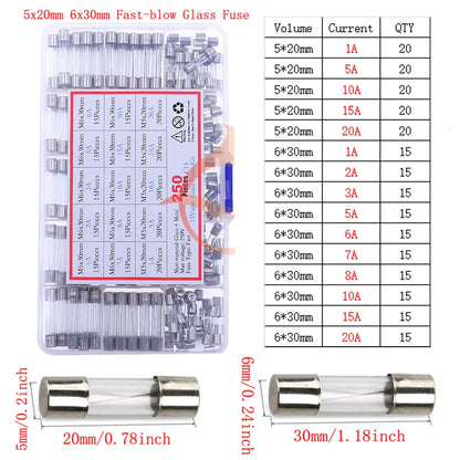 12V-250V Slow Fast Glass Fuse With Lead Wire Mix kit 0.1A 0.25A 0.5A 1A 2A 2.5A 3A 3.15A 4A 5A 6A 6.3A 8A 10A 15A 16A 20A 30A