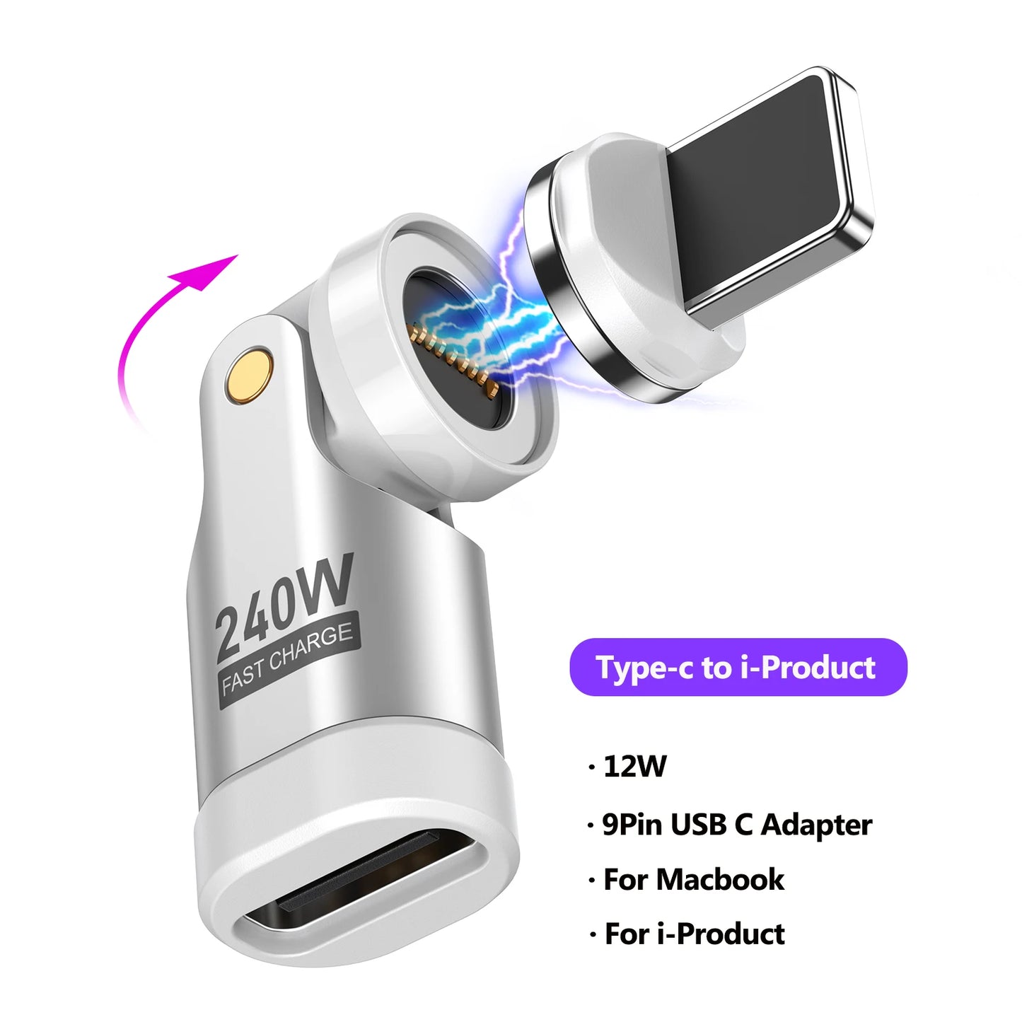 Adaptador Magnético AUFU USB-C Hembra a Tipo C Macho 9 Pines (240W Carga Rápida) Convertidor para iPhone 15/16/Laptop/Macbook/Samsung