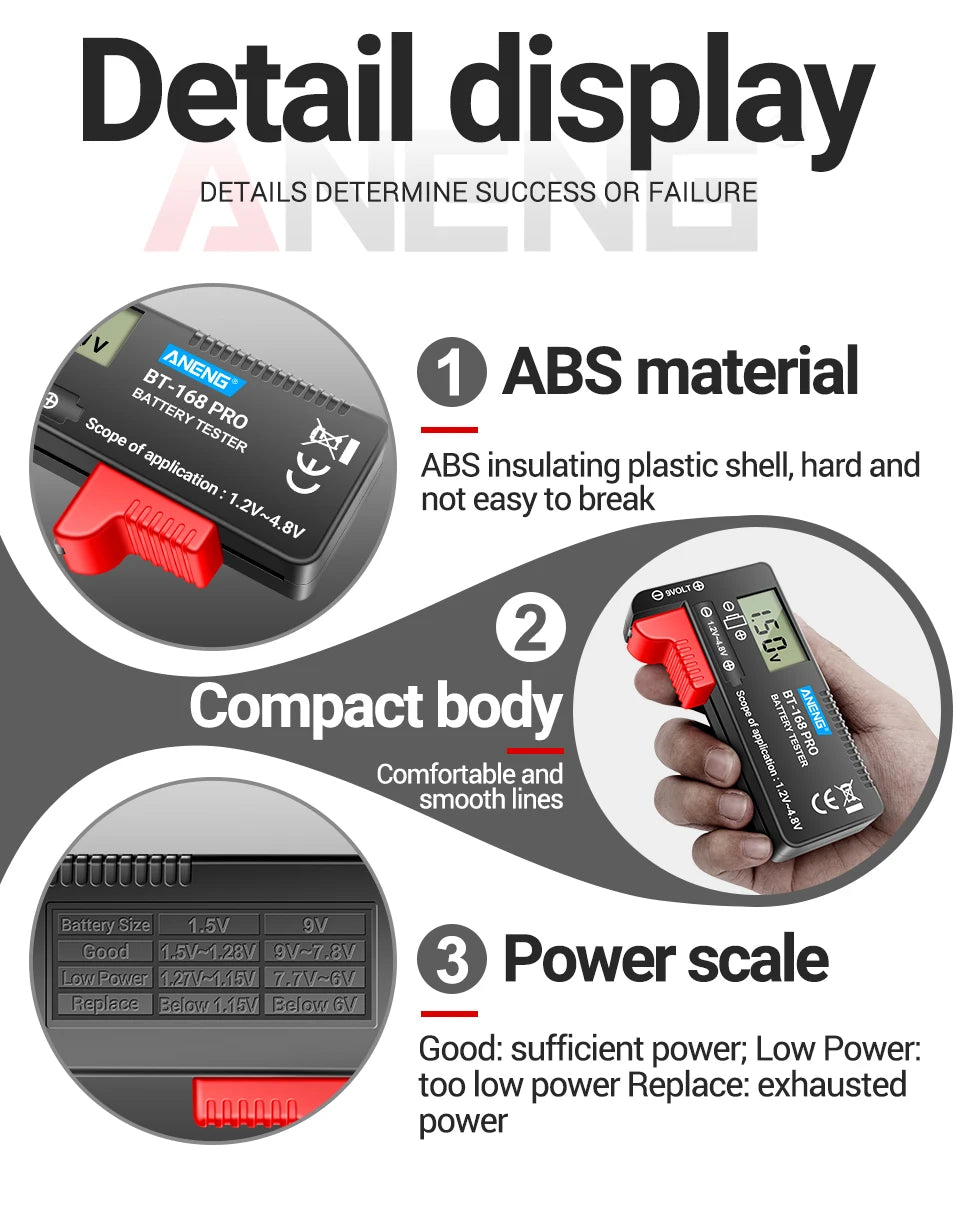 Probador Baterías Digital ANENG BT-168 PRO (Analizador Carga Capacidad) Universal para 9V/AAA/AA/Pila Botón