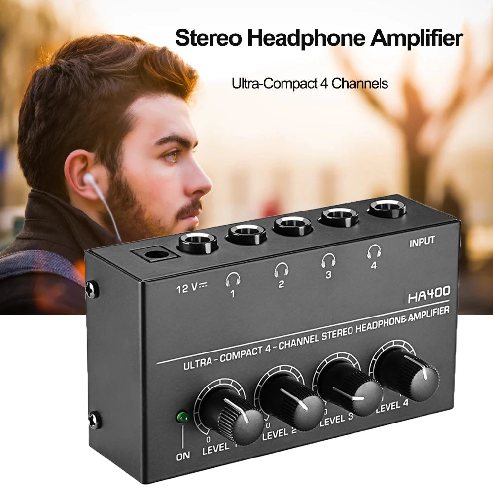 Mini Amplificador Audio Estéreo 4 Canales HA400 Ultra Compacto para Audífonos con Adaptador EU/US (Mezclador Música/Grabación)