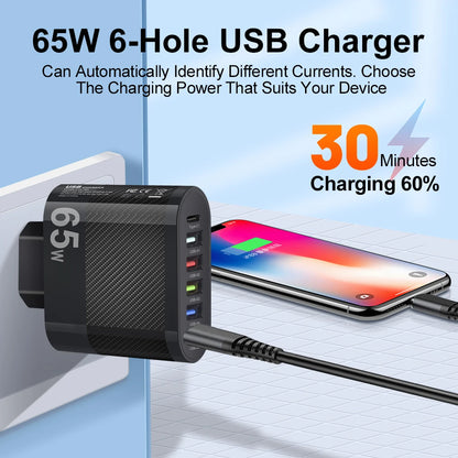 Cargador Pared USB Múltiple 6 Puertos 65W Carga Rápida Alta Velocidad (PD, QC 3.0) Adaptador Móvil para Huawei Mate 60/Xiaomi 13