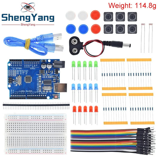 Kit Inicio TZT para Arduino UNO R3 (Mini Protoboard, LED, Cables Jumper, Botón) para Educación Escolar/Laboratorio