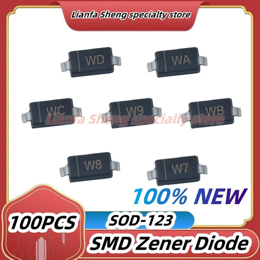 Diodo Zener SMD 1206 BZT52C (4.7V-43V, SOD-123) - Pack 100 Unidades (Valores Surtidos)
