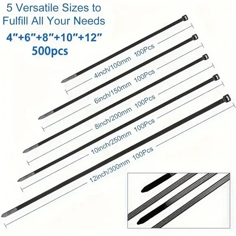 Amarras Plásticas Nylon Negras Alta Resistencia (Tamaños 4"/6"/8"/10"/12") Usos Versátiles (500 Piezas)