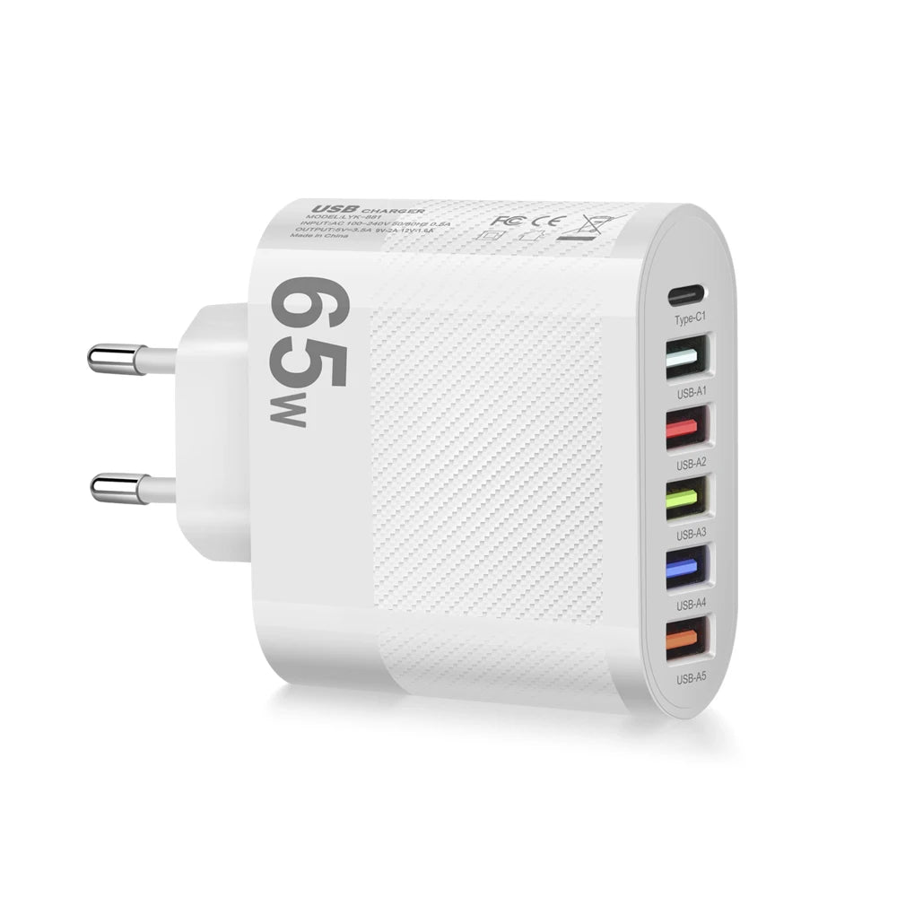 Cargador Pared USB Múltiple 6 Puertos 65W Carga Rápida Alta Velocidad (PD, QC 3.0) Adaptador Móvil para Huawei Mate 60/Xiaomi 13