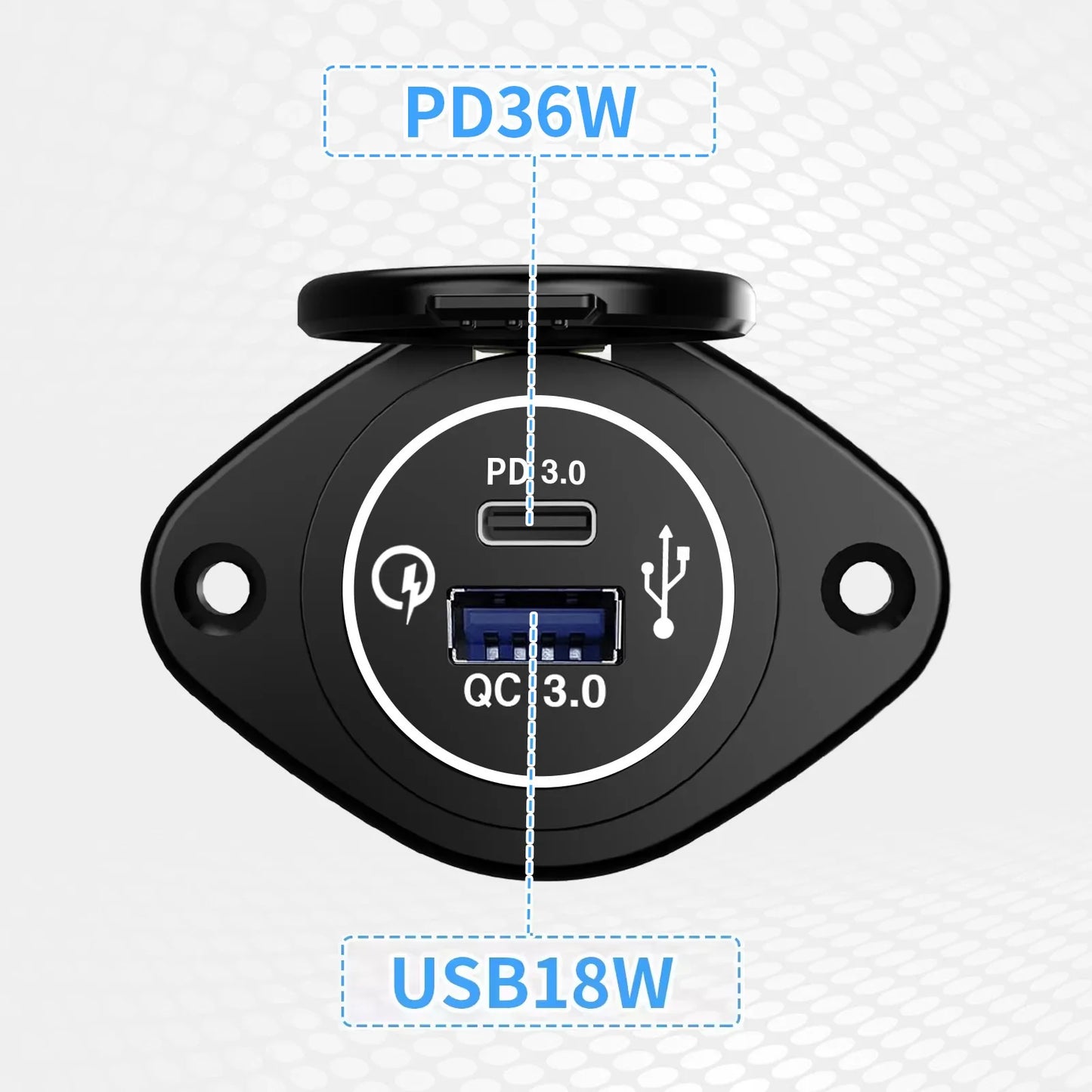 Panel Salida USB RV 12V PD 36W (USB-C) + QC3.0 18W (USB-A) Socket Cargador Auto Carga Rápida
