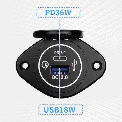Panel Salida USB RV 12V PD 36W (USB-C) + QC3.0 18W (USB-A) Socket Cargador Auto Carga Rápida