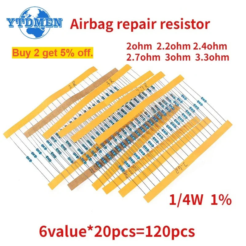 Kit Resistencias Película Metálica 1/4W 1% (2 Ohm - 3.3 Ohm) para Reparación Airbag Auto (120 Unidades)