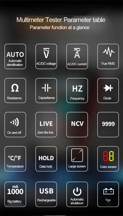 Multímetro Digital Inteligente USB (9999 Cuentas) - Pantalla Grande, AC/DC, Capacitancia, Ohm, Hz, Temp