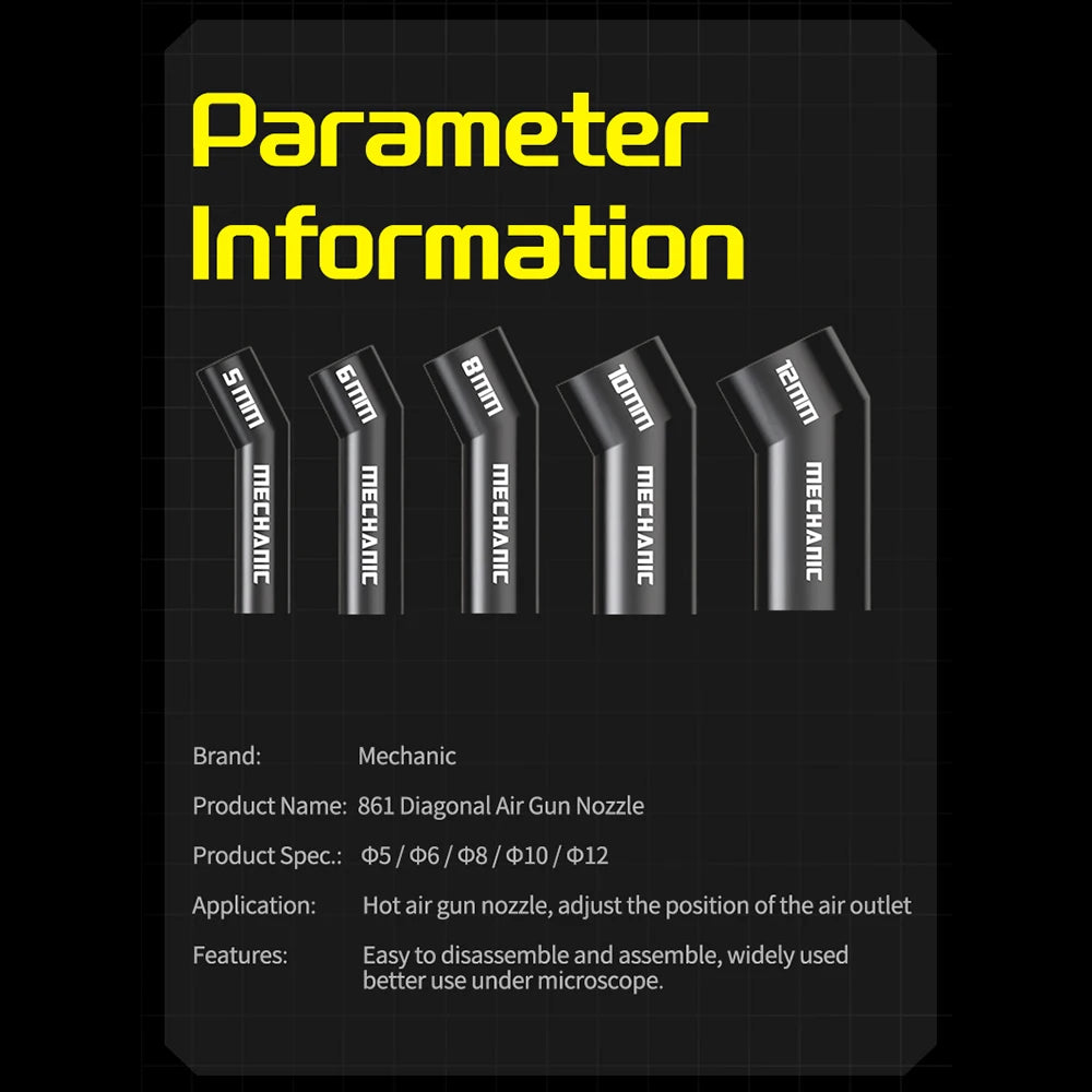 Boquilla Aire Caliente Diagonal MECHANIC compatible con Pistola Calor Serie 861 (5/6/8/10/12 mm) Calentamiento Uniforme
