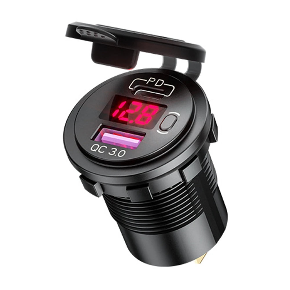 Cargador USB Auto/Camión PD 60W + QC 3.0 con Switch LED Voltímetro 12V/24V Carga Rápida