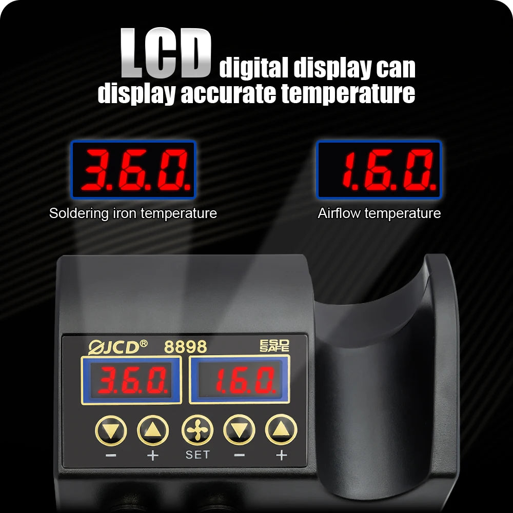 Estación de Soldadura 2 en 1 (Cautín + Pistola Aire Caliente) 750W para Reparación BGA/SMD (Modelo JCD 8898)