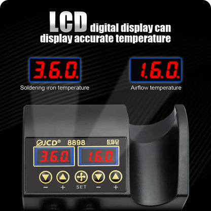 Estación de Soldadura 2 en 1 (Cautín + Pistola Aire Caliente) 750W para Reparación BGA/SMD (Modelo JCD 8898)