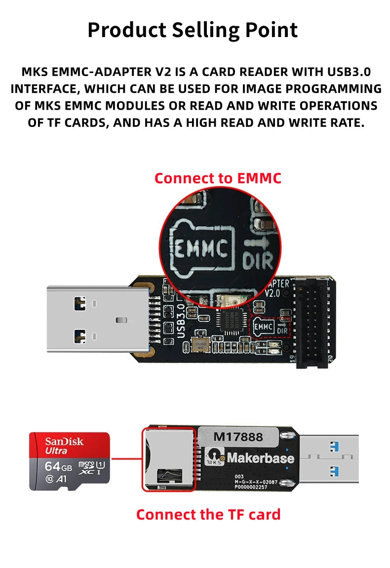 Lector Tarjetas USB 3.0 KUFAN MKS EMMC-ADAPTER V2 para Módulo MKS EMMC / MicroSD / TF