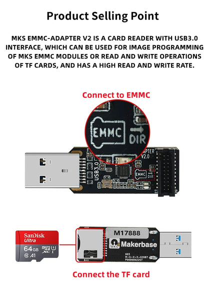 Lector Tarjetas USB 3.0 KUFAN MKS EMMC-ADAPTER V2 para Módulo MKS EMMC / MicroSD / TF