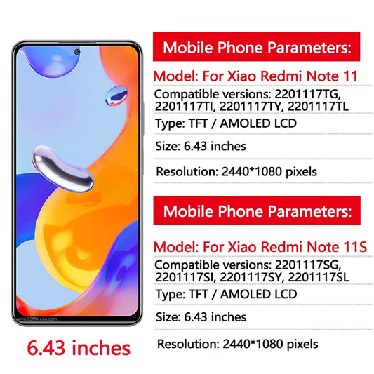 6.43'' Note 11 Screen For Redmi Note 11 LCD Display 2201117TG 2201117TY Touch Screen Digitizer For Redmi Note 11S LCD 2201117SG