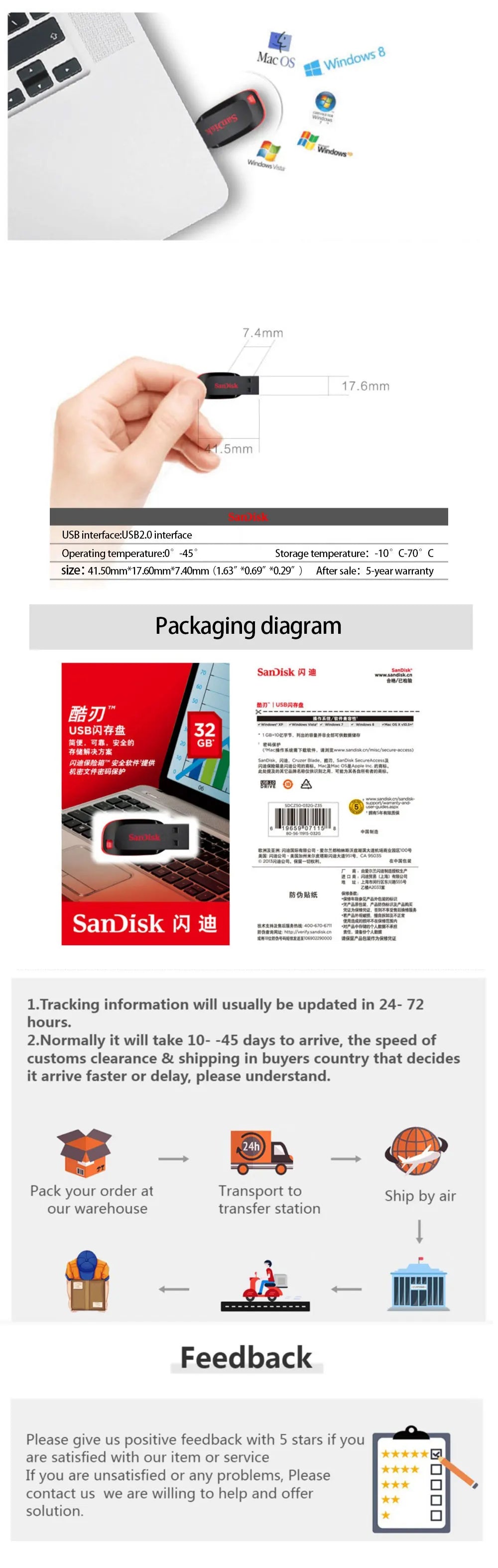 Memoria USB Flash Drive Pendrive Sandisk Mini (16GB/32GB/64GB/128GB) USB 2.0 Stick Disk-on-Key para Teléfono