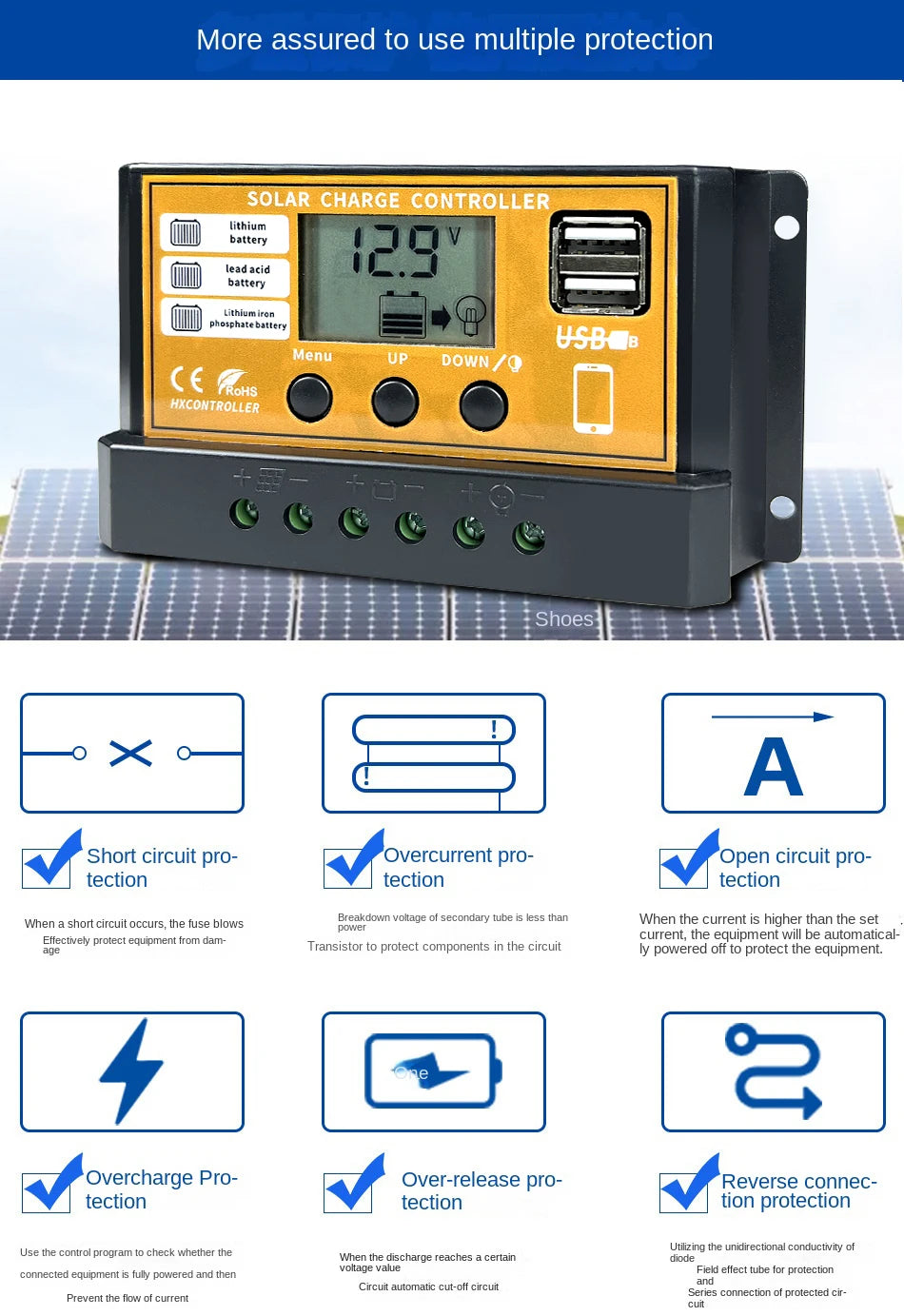 Controlador Carga Solar PWM 10A/20A/30A 12V/24V Regulador Carga PV LCD para Batería LiFePO4/Litio/Gel