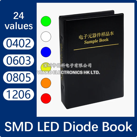 Libro Muestras LED SMD (1200pcs, 0402/0603/0805/1206, 24 Valores, Rojo/Azul/Verde/Blanco/Amarillo/Naranja) Kit Diodos Emisores Luz