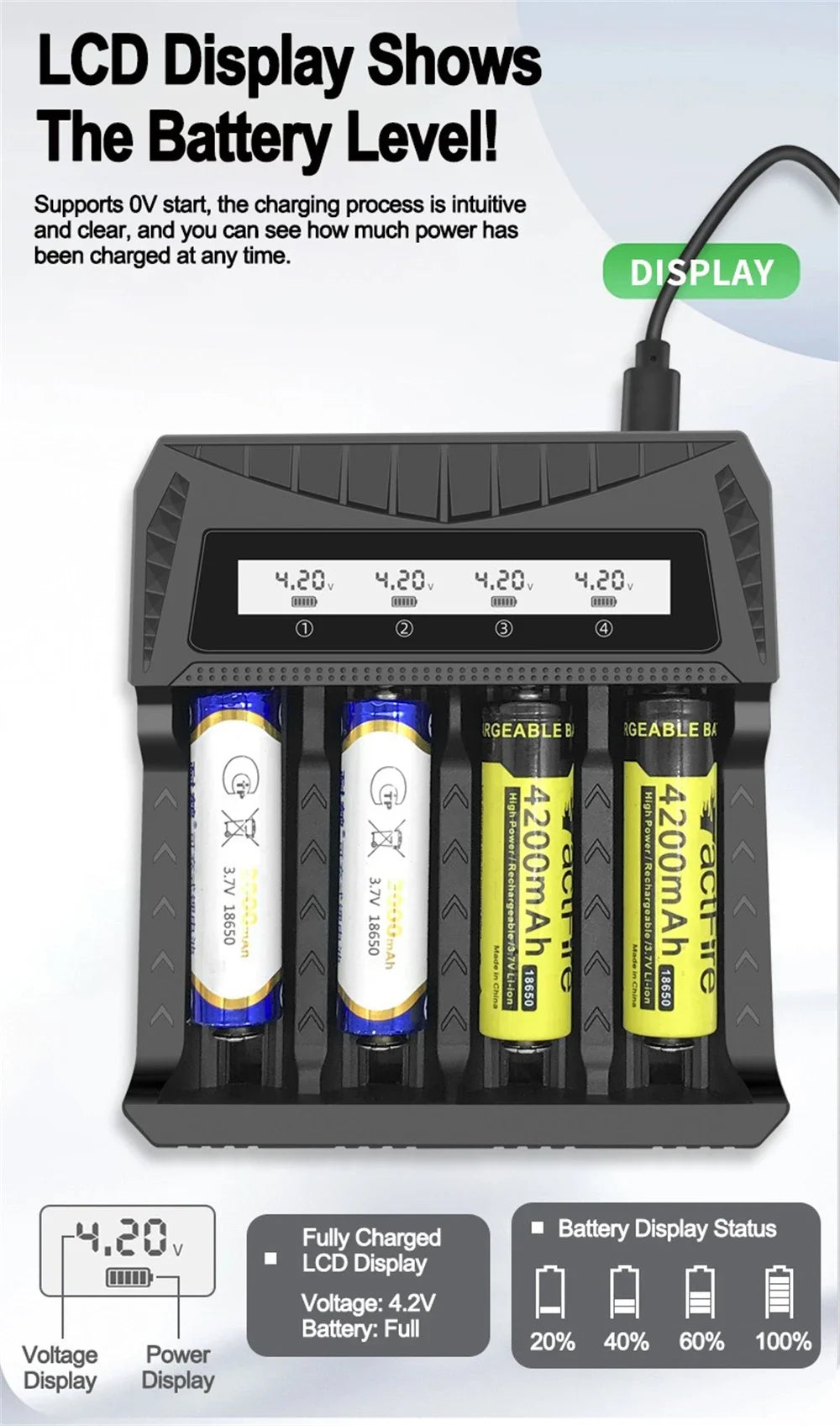 Cargador USB Inteligente Baterías LCD (1/2/4 Ranuras) para Litio Recargable 18650 (4.2V) / Ni-MH AA/AAA (1.2V)