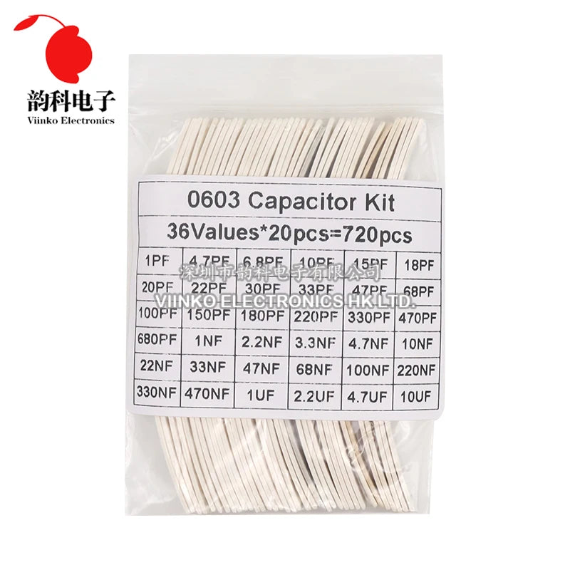 Kit Surtido Capacitores SMD (0603/0805/1206, 16/36/50 Valores, 1pF-10uF) Set Capacitancia (320/720 Piezas)