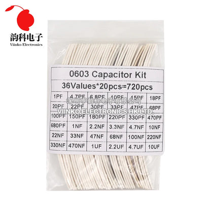 Kit Surtido Capacitores SMD (0603/0805/1206, 16/36/50 Valores, 1pF-10uF) Set Capacitancia (320/720 Piezas)