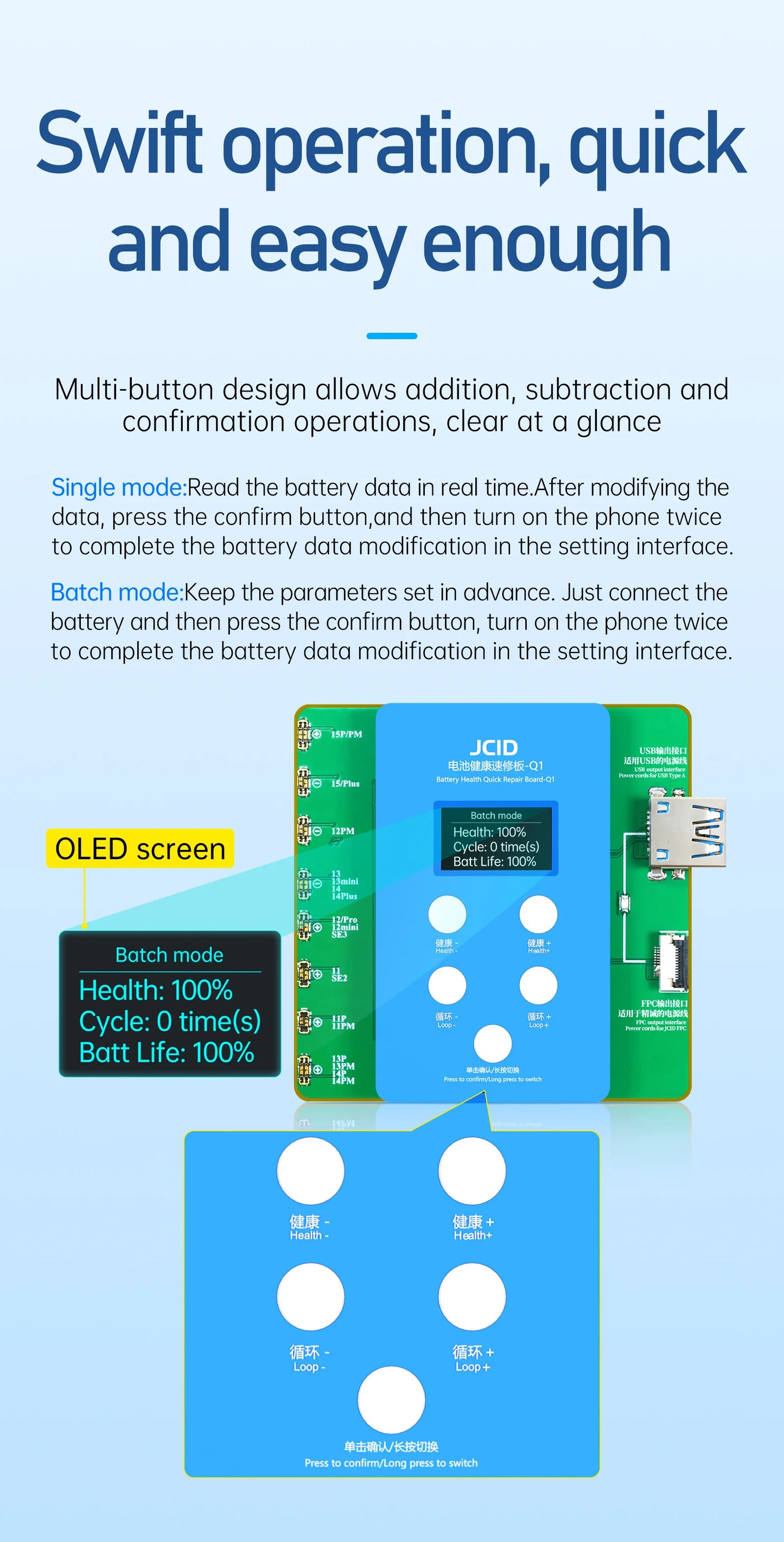 JCID JC Q1 Battery Health Quick Repair Board for iPhone 11, to 15 Pro, Solve Window, Pop-up Modify Battery Cycle, No Need FPC