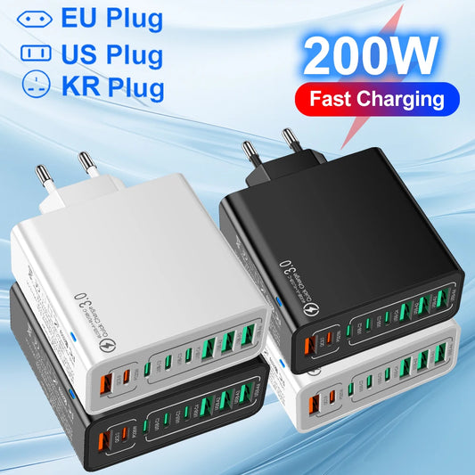 Cargador Pared USB 8 Puertos (Total 65W) Carga Rápida (PD Tipo C, QC 3.0) Adaptador para iPhone 14/15 Pro Max/Xiaomi/Samsung