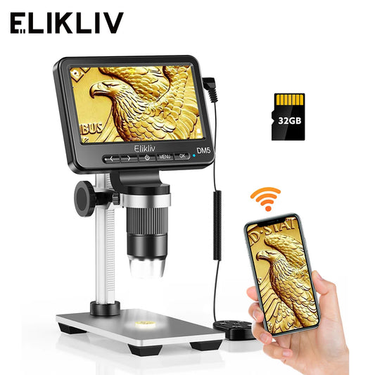 Elikliv DM5 5'' 1000X Wireless Digital Microscope for Electronics 1080P Soldering Coin Microscope For iPhone Android iPad PC 32G