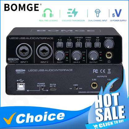 Interfaz de Audio USB Bomge U202 Preamplificador Micrófono XLR/TRS/TS 48V 32-bit/192kHz Grabación/Streaming